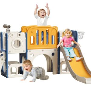 Baotre 8 in 1 Toddler Slide,Kids Slide Playset for Toddler,Indoor Outdoor Slide Toddler Playset with Ball & Hoop, Storage Space and Non-Slip Steps,Gift for Boys and Girls 1-3 Years (Blue Orange)