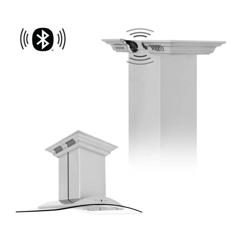 ZLINE CrownSound™ Ducted Vent Island Mount Range Hood in Stainless Steel and Glass with Built-in Bluetooth Speakers